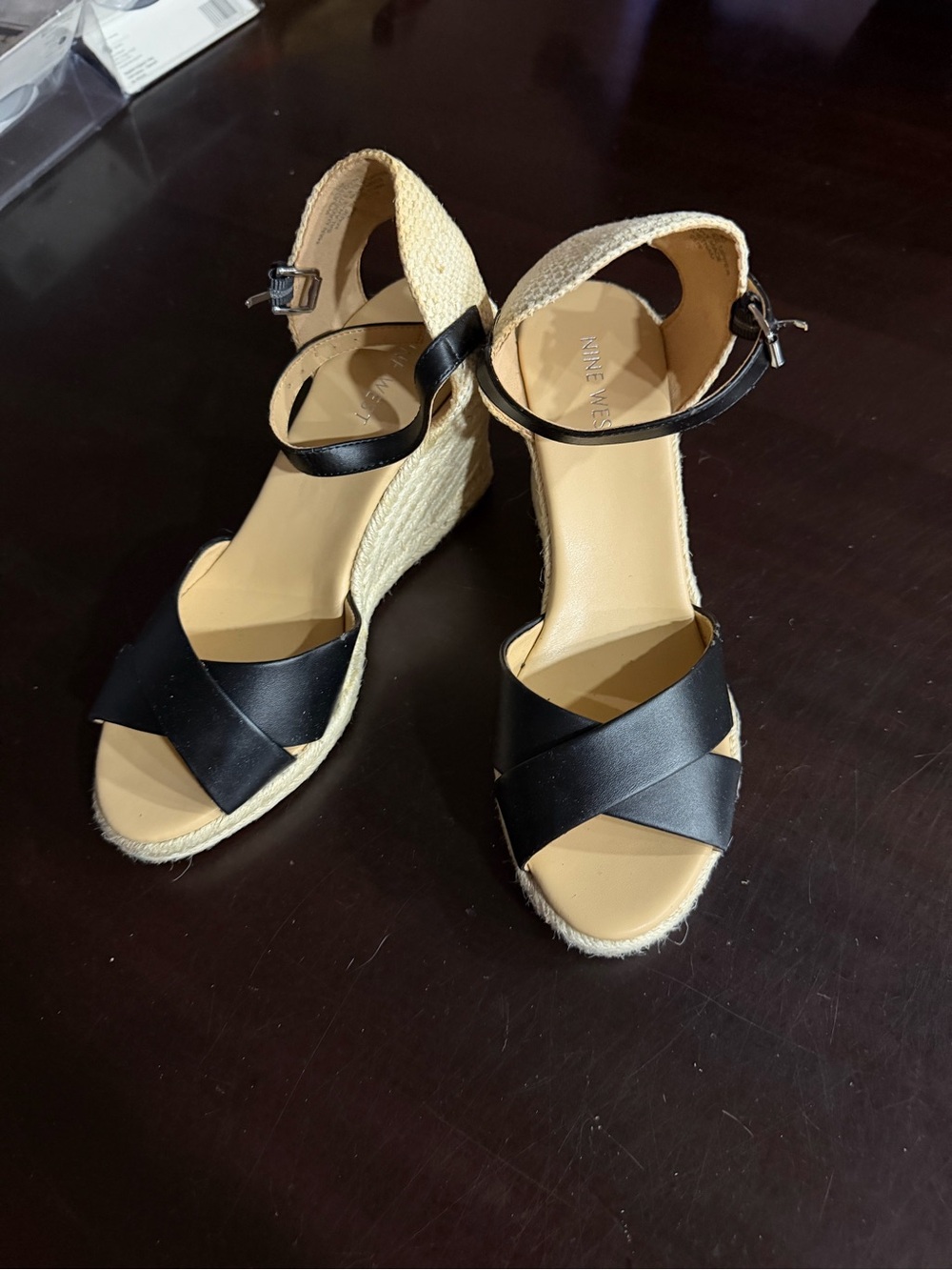 Sandals Nine West Women size 7.5 M Black And Camel Wedge 2.5”